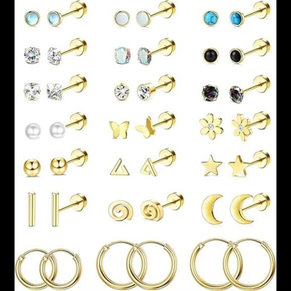 21Pairs Surgical Steel Flat Back Earrings Hypoallergenic 20G ScrewBack Nap Stack - Picture 7 of 7